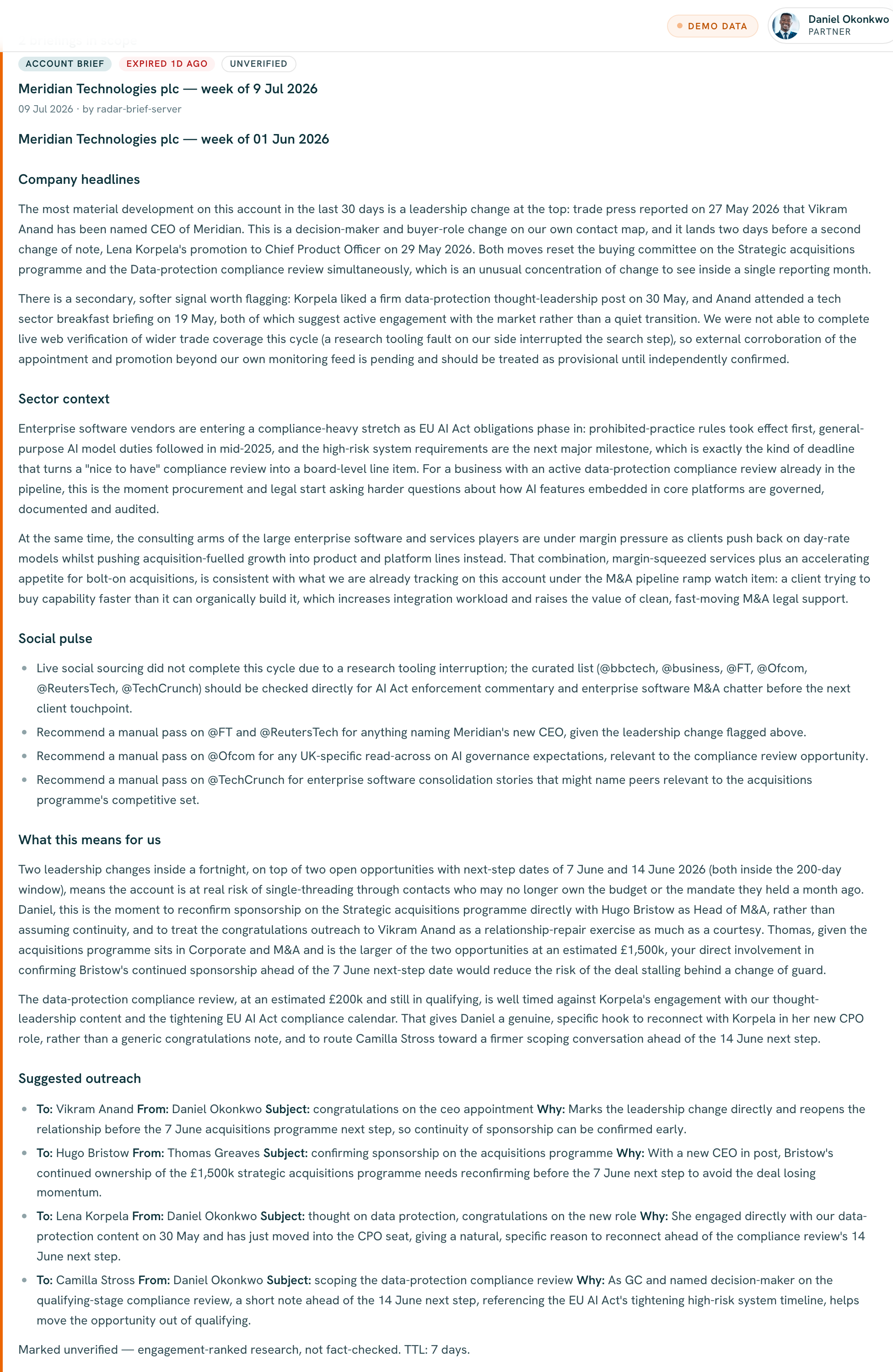 A weekly account briefing with company headlines and sector context