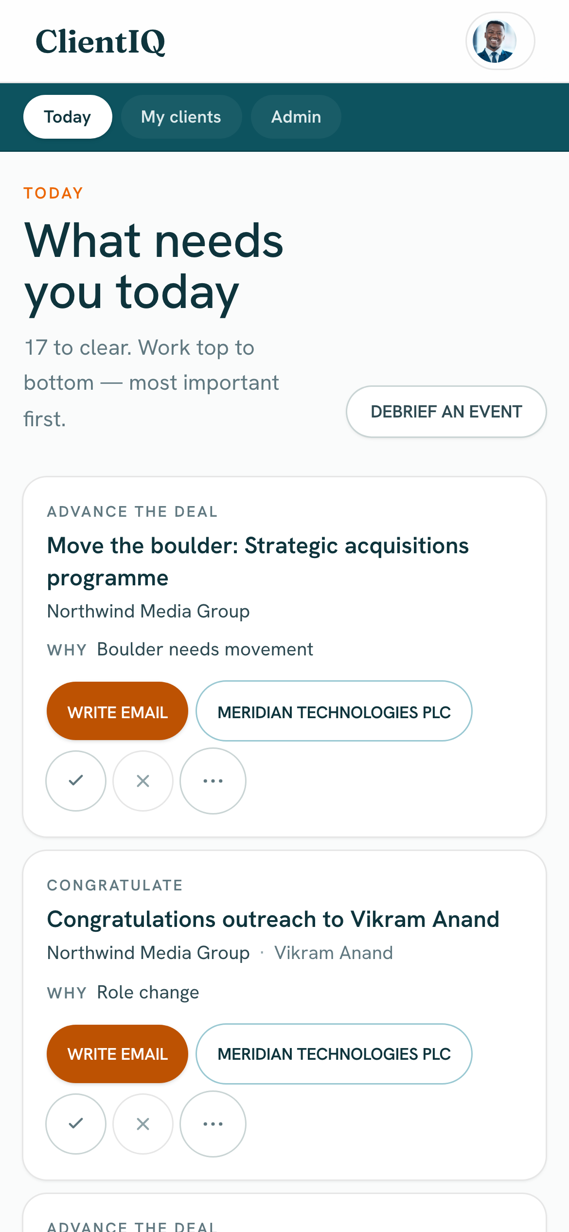 The Today view on a phone: the triaged queue with write-email and open actions